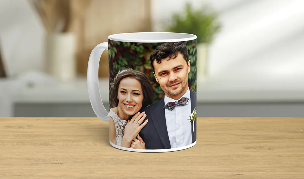 Personalised Photo Mug|Mum and baby holding Printerpix cartoon design custom mug with dad text|Personalised photo mug with picture of baby crawling wearing animal overall|Mom and daughter holding custom designed photo mugs with family photos|Kissing couple with personalized mugs with text on|Personalised photo mug with your own photo of a dog on|||||