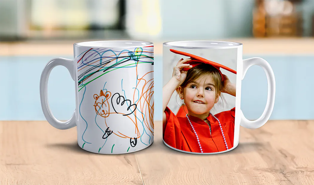 Personalised Photo Mug|Custom Photo Mug|Personalised photo mug with picture of baby crawling wearing animal overall|Mom and daughter holding custom designed photo mugs with family photos|Kissing couple with personalized mugs with text on|Personalised photo mug with your own photo of a dog on|||||