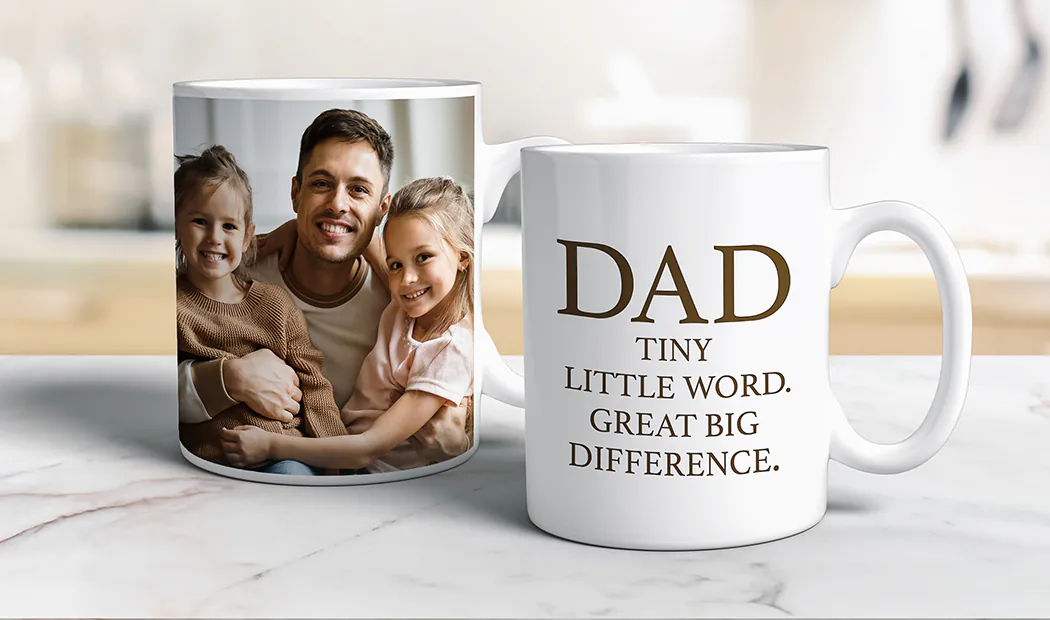 Personalised Photo Mug|Mum and baby holding Printerpix cartoon design custom mug with dad text|Personalised photo mug with picture of baby crawling wearing animal overall|Mom and daughter holding custom designed photo mugs with family photos|Kissing couple with personalized mugs with text on|Personalised photo mug with your own photo of a dog on|||||