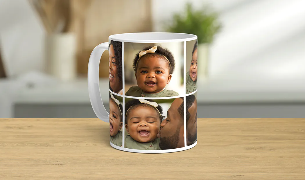 Photo Collage Mug|Custom designed mug with collage of photos of couple and their baby from Printerpix|Close up of custom photo mug with a photo collage of family photos and text|Close up of mug with picture collage of photos of a young couple|Girl holding mug with photo collage design of couple photos|Two custom photo mugs with romantic and family themed pictures and text|||||