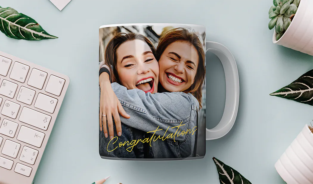 Personalised Photo Mug|Custom Photo Mug|Personalised photo mug with picture of baby crawling wearing animal overall|Mom and daughter holding custom designed photo mugs with family photos|Kissing couple with personalized mugs with text on|Personalised photo mug with your own photo of a dog on|||||