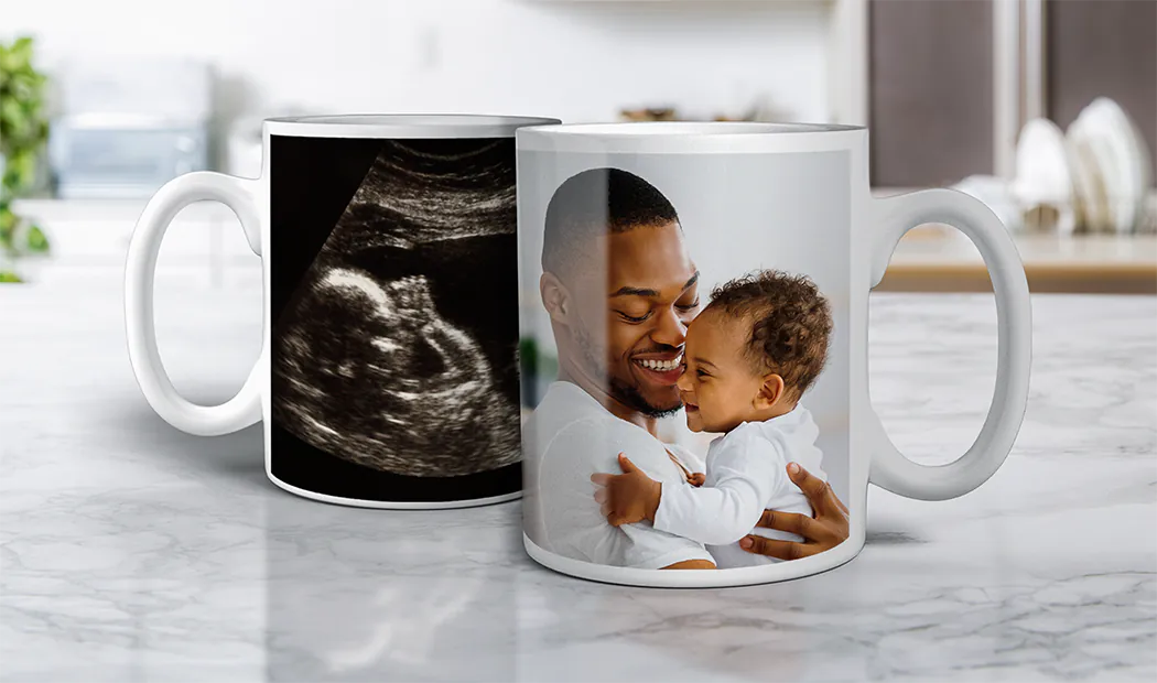 Personalised Photo Mug|Mum and baby holding Printerpix cartoon design custom mug with dad text|Personalised photo mug with picture of baby crawling wearing animal overall|Mom and daughter holding custom designed photo mugs with family photos|Kissing couple with personalized mugs with text on|Personalised photo mug with your own photo of a dog on|||||