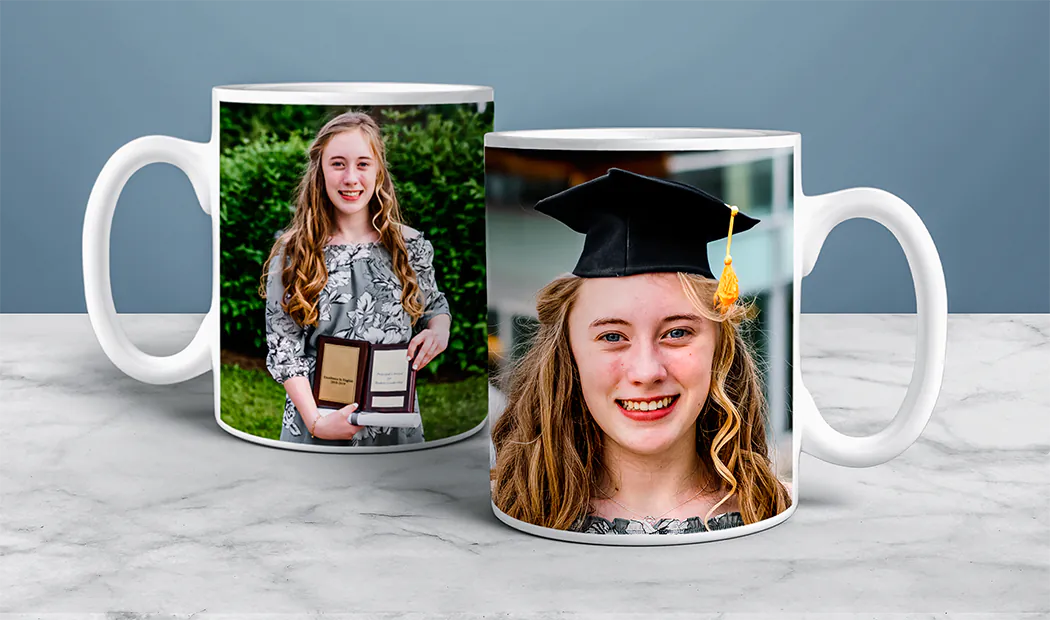 Personalised Photo Mug|Custom Photo Mug|Personalised photo mug with picture of baby crawling wearing animal overall|Mom and daughter holding custom designed photo mugs with family photos|Kissing couple with personalized mugs with text on|Personalised photo mug with your own photo of a dog on|||||