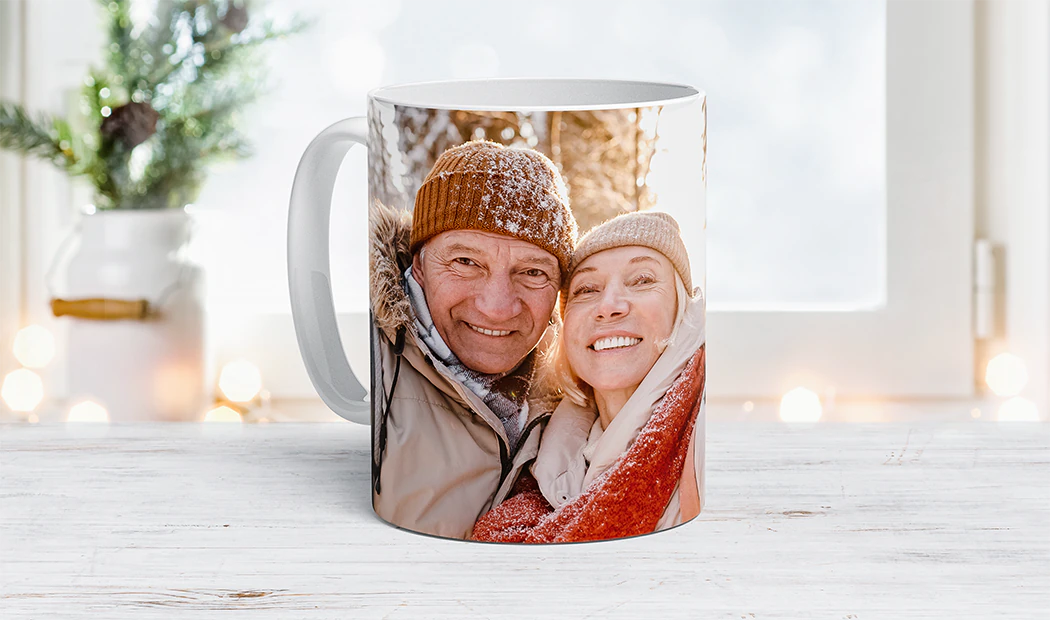 Personalised Photo Mug|Mum and baby holding Printerpix cartoon design custom mug with dad text|Personalised photo mug with picture of baby crawling wearing animal overall|Mom and daughter holding custom designed photo mugs with family photos|Kissing couple with personalized mugs with text on|Personalised photo mug with your own photo of a dog on|||||