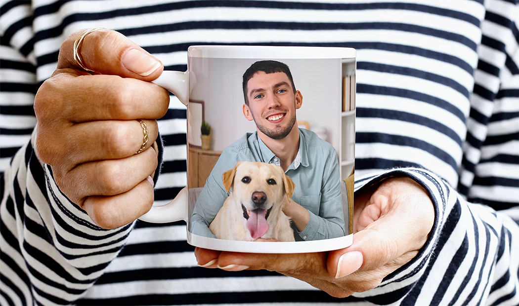 Personalised Photo Mug|Mum and baby holding Printerpix cartoon design custom mug with dad text|Personalised photo mug with picture of baby crawling wearing animal overall|Mom and daughter holding custom designed photo mugs with family photos|Kissing couple with personalized mugs with text on|Personalised photo mug with your own photo of a dog on|||||